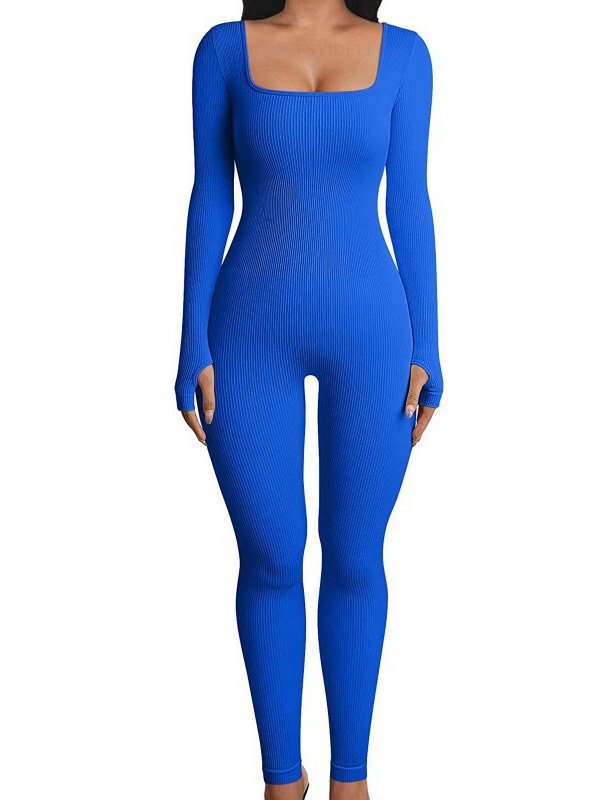 Blue ribbed one-piece bodysuit with square neckline and long sleeves, offering a sleek and fitted look