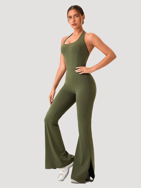 Olive green one-piece bodysuit with a fitted design and flared legs for a stylish and comfortable look