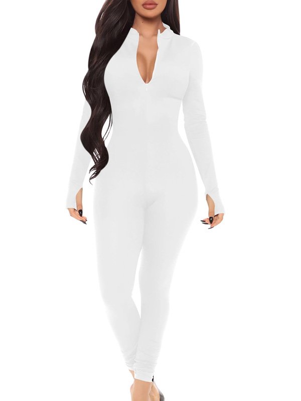 White zip-up one-piece bodysuit with long sleeves and a fitted design for a sleek and modern look