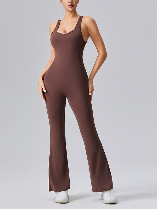 Brown one-piece bodysuit with a figure-flattering design and high-waisted fit, perfect for active wear.