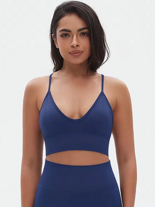 Navy Blue V-Neck Cropped Sports Bra