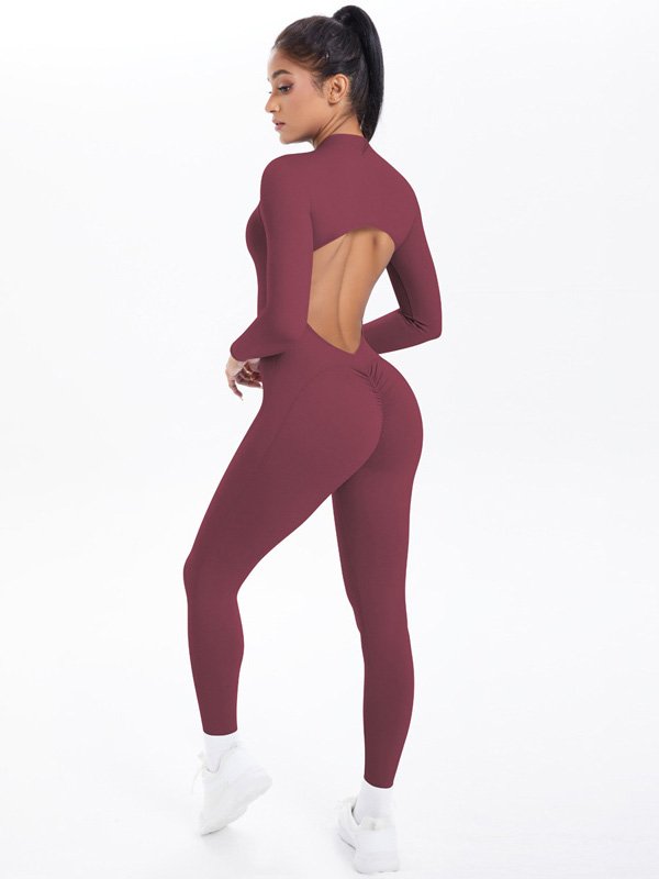 Burgundy one-piece bodysuit with a back cutout and ruched detailing on the backside for a stylish, flattering fit.
