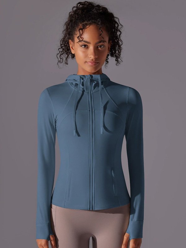 Blue Zip-Up Hoodie with Hood and Brown Leggings