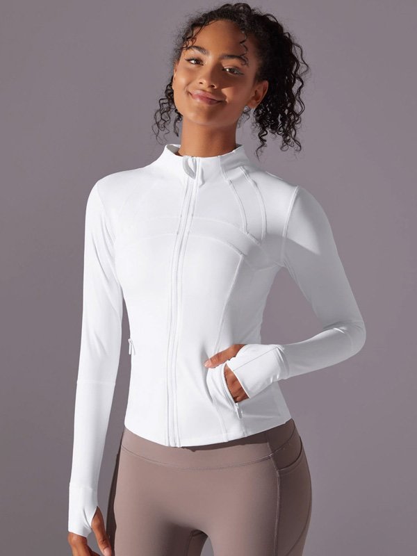 White Zip-Up Athletic Jacket with Beige Leggings