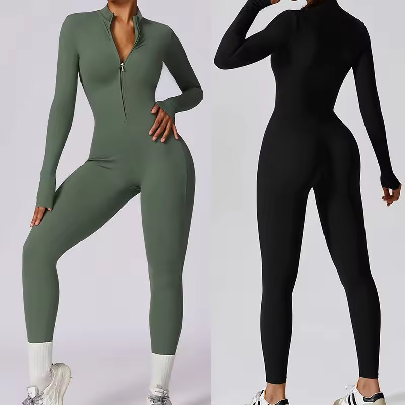 Green and black zip jumpsuits