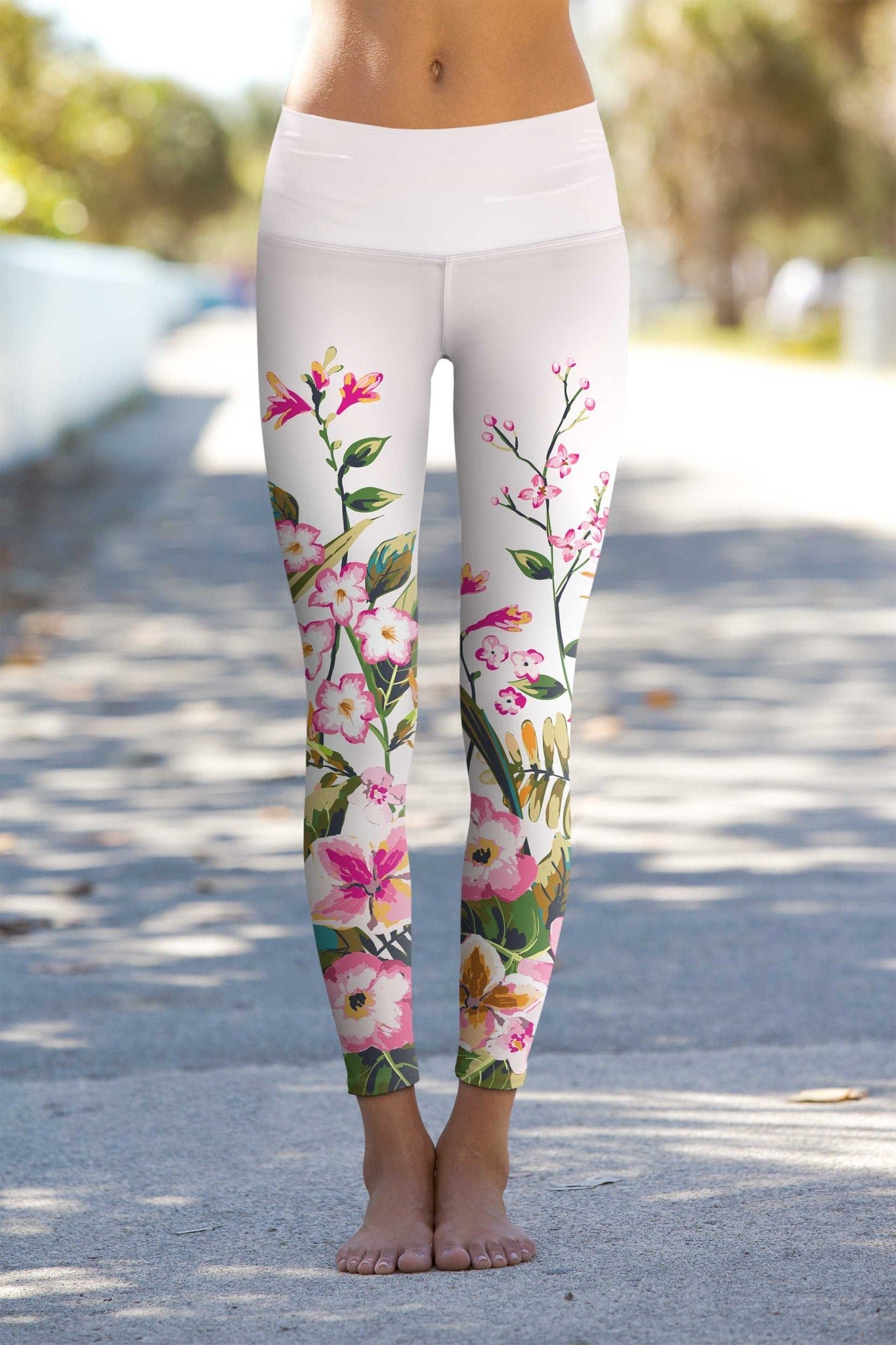 Woman in white floral leggings