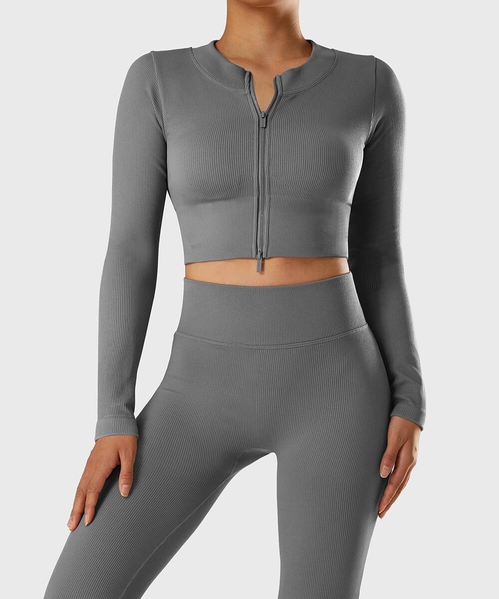 Grey ribbed zip crop top set