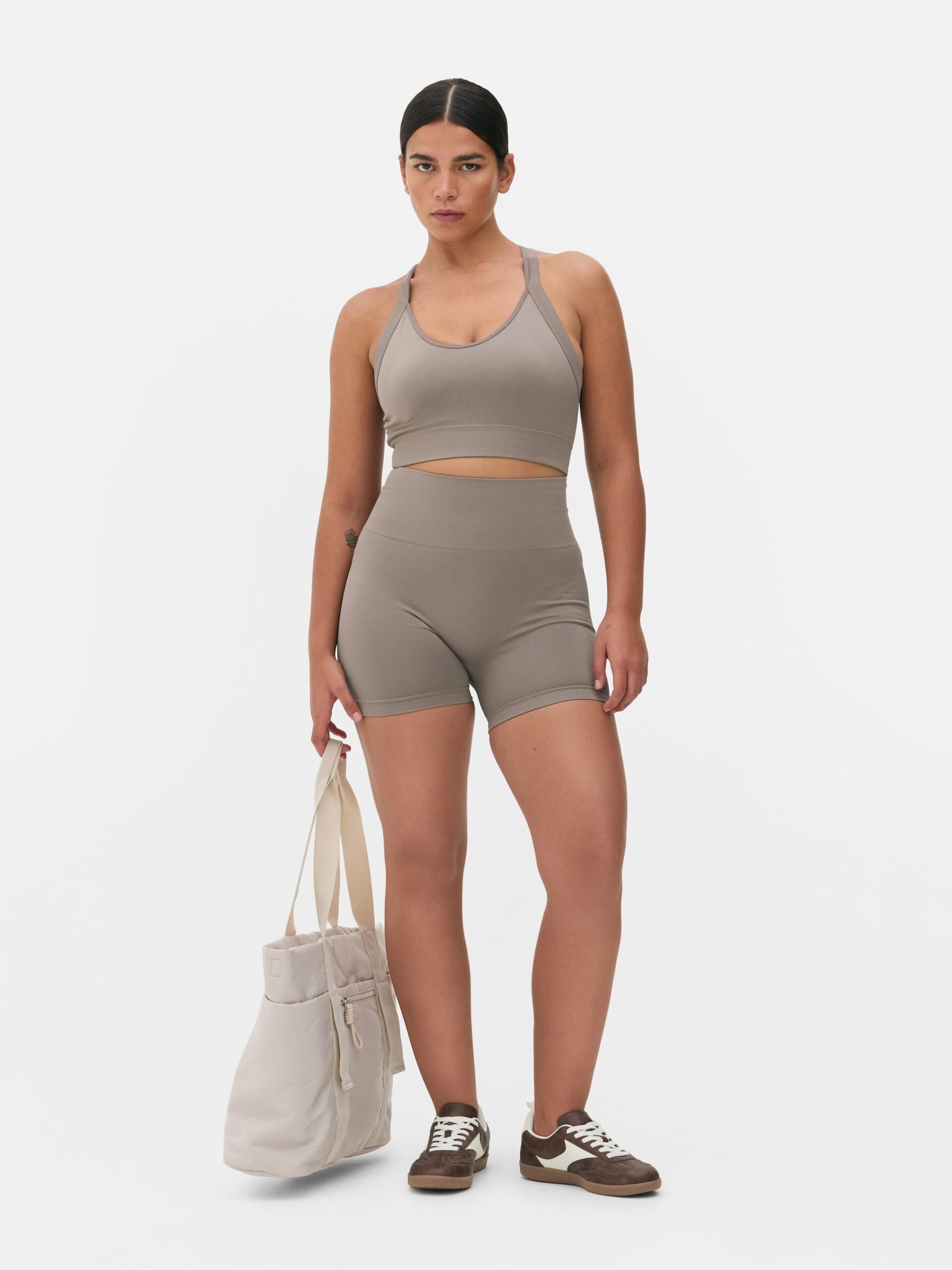 Taupe workout set with tote bag