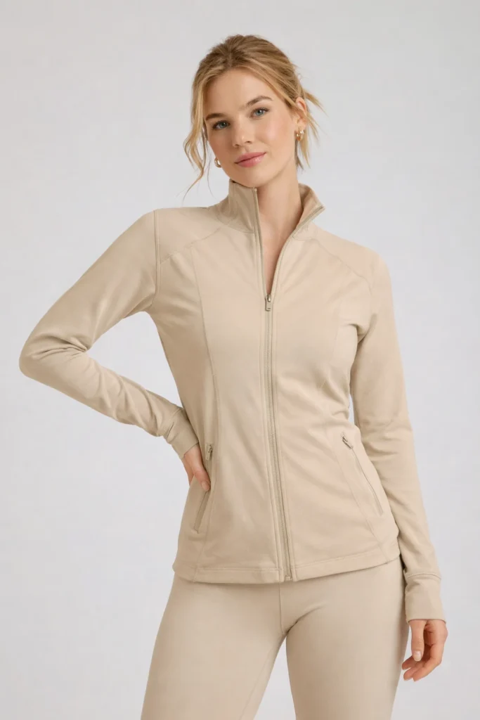 This zip-up active jacket features a clean, streamlined silhouette with a comfortable, flexible fit. Designed for warm-ups, light training, and everyday athleisure, offering versatility, comfort, and a modern minimalist look.