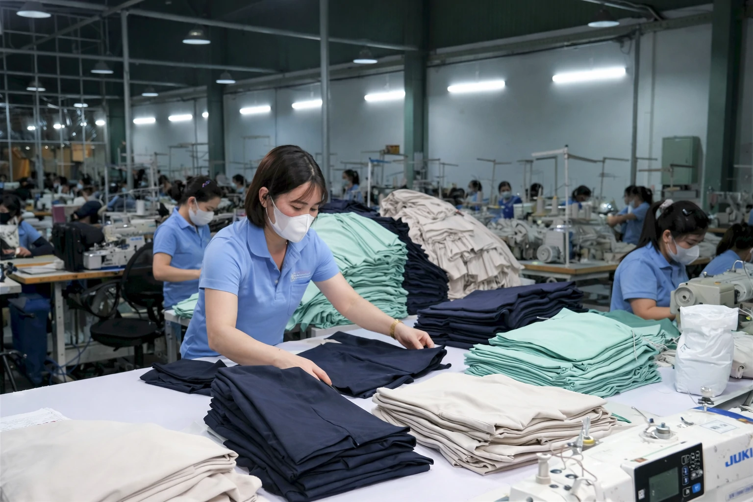 This image highlights the garment finishing and quality control process in a professional apparel factory. Skilled workers inspect, fold, and prepare activewear products to ensure consistent quality, efficient output, and reliable OEM and private label manufacturing standards.